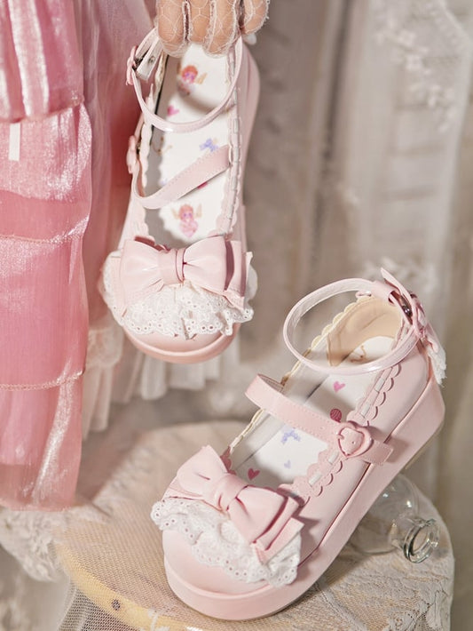 Top Heart Platforms Buckles at Bow Baby Pink Trim Lace