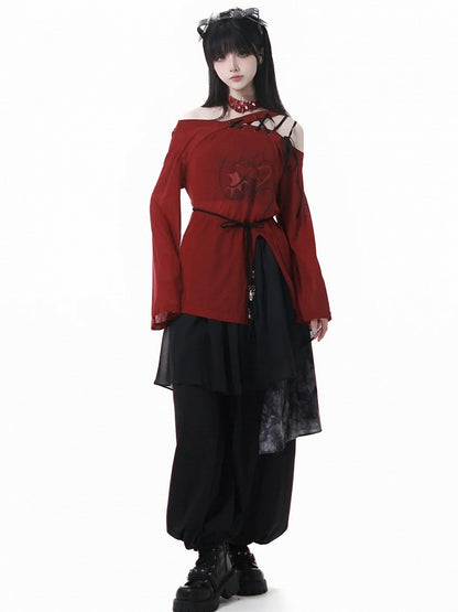 Casual Pants Elastic Waist and Cuffs Dye Black Style Tie Mesh Patchwork Cheongsam