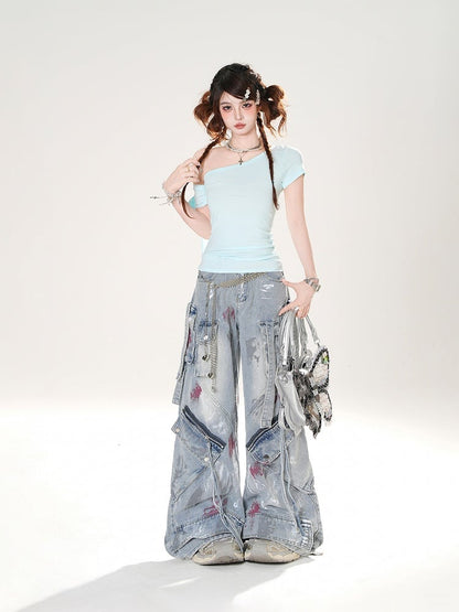 Low Details Distressed Spray Paint Print Blue Wide-leg Jeans Rise Zipper