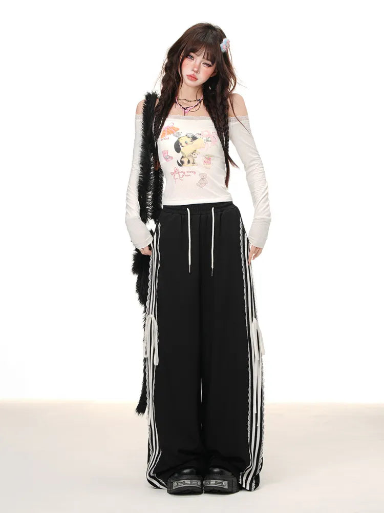 Black Lace Trim Wide-leg Cut Blokette Core Pants