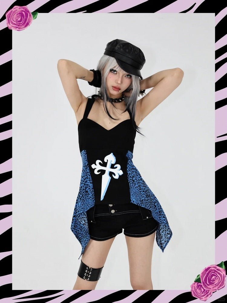 Haut sans bretelles noir glamour à patchs léopard bleus Gyaru des années 2000
