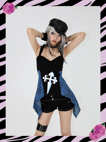 Haut sans bretelles noir glamour à patchs léopard bleus Gyaru des années 2000