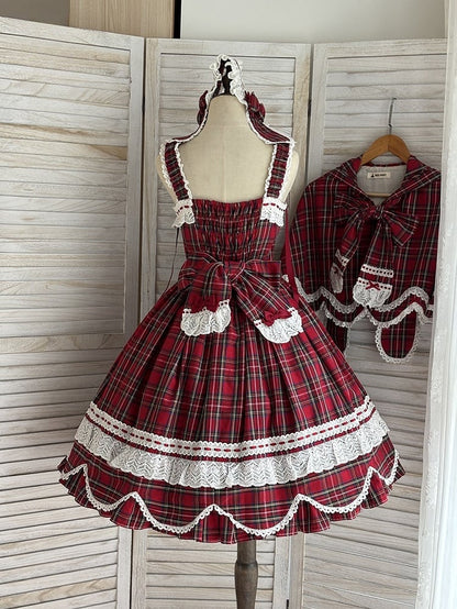 with Accents Skirt Scalloped Jumper Sweet Plaid Lolita Bow Edge Red Trim