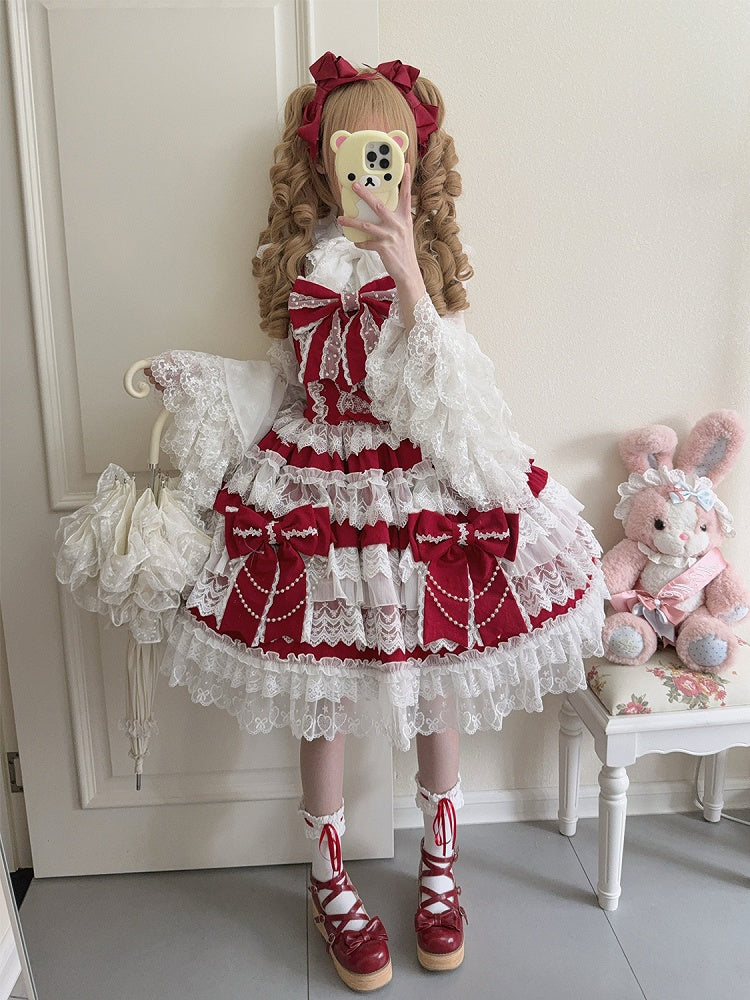 Lolita Red Decoration Hanayome Dress Bows Tiered Skirt Big