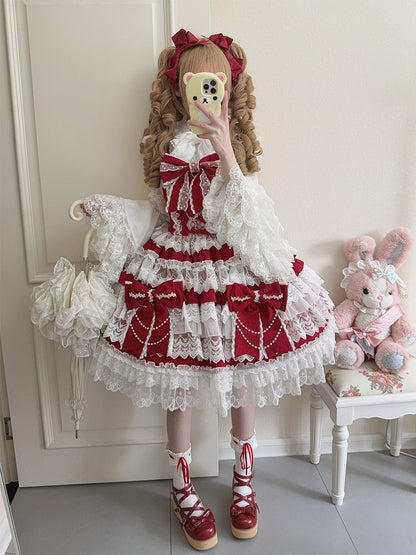Lolita Red Decoration Hanayome Dress Bows Tiered Skirt Big
