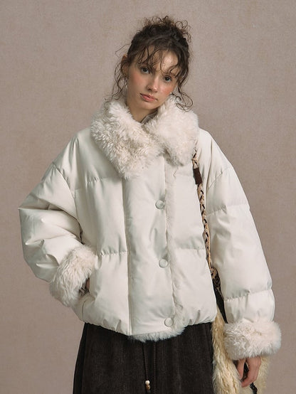 Beige/Brown Short Puffer Jacket with Faux Fur Trim and White Duck Down Filling