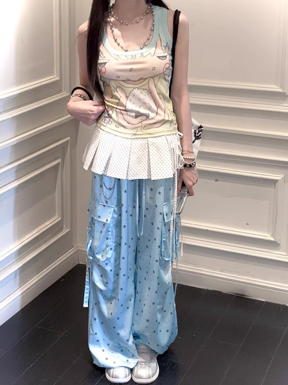 Blaue Cargohose mit weitem Bein und Allover-Taille und Kordelzug im Sternenmuster