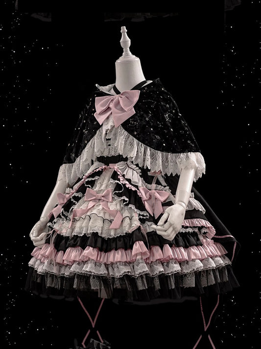 Robe Lolita taille haute noire et rose, ensemble complet avec jupe et pull