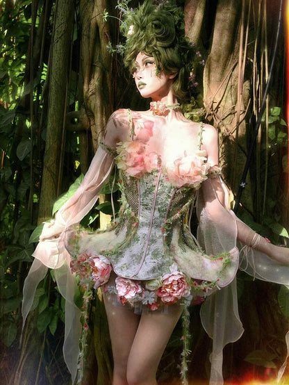 Straps Boned Floral Design Fairy Vine Green Top Pink Spaghetti and Goth Corset