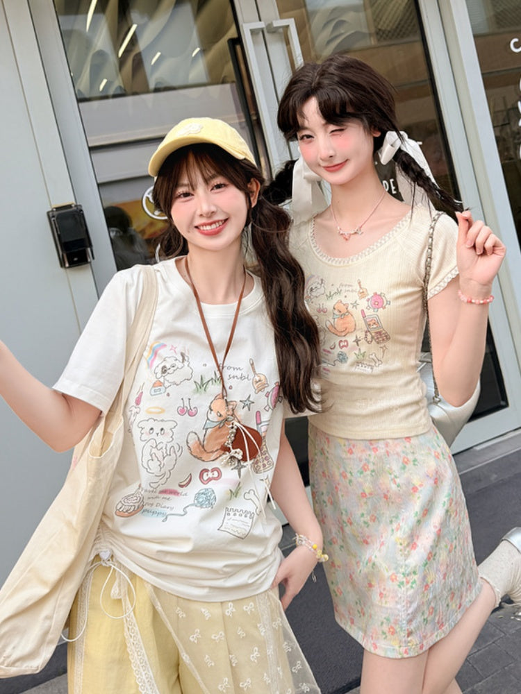 Version T-Shirt Beige Adorable Fox Print Long/Short
