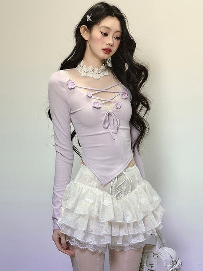 Purple Illusion Neckline Criss-cross Straps Floral Embellished Top Asymmetrical Hem