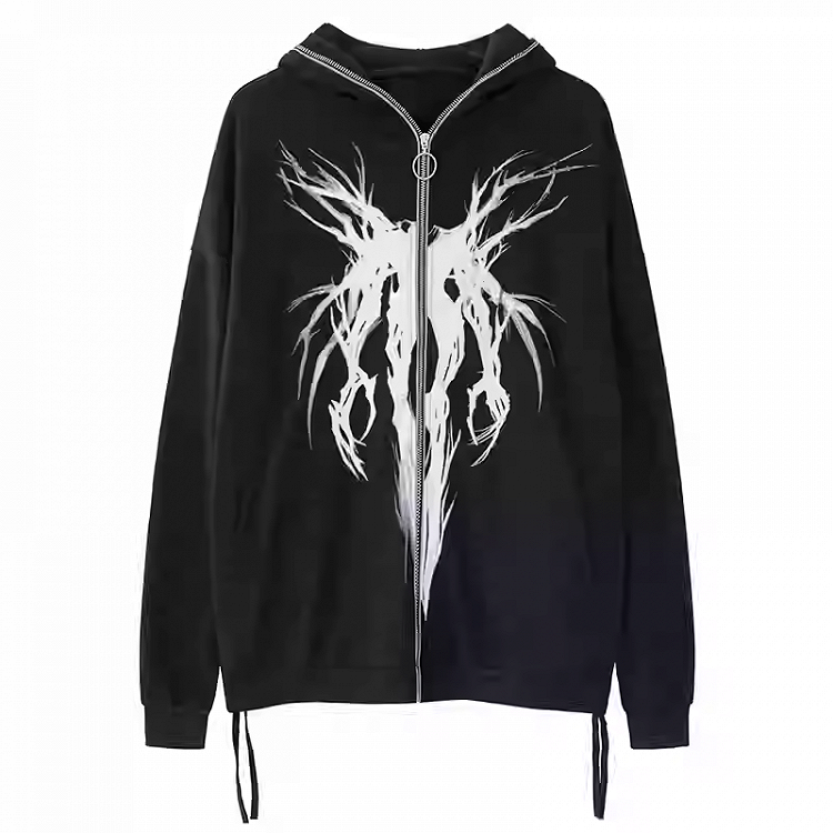 Gothic Black Zip Closure Loose Graphic Hoodie