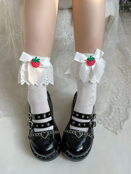 White Strawberry Bow Lace Trim Sweet Lolita Socks