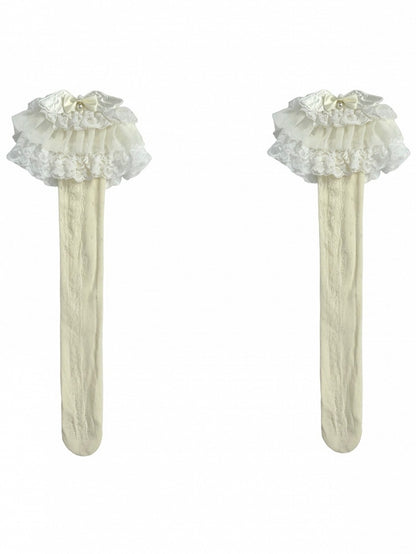 Trim Bowknot Beige Decorated Under-Knee Lace And Wings Stockings Lolita Beaded
