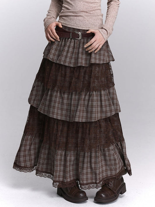 Side Lace Skirt Layers with Zipper Tiered Maxi Coffee Plaid