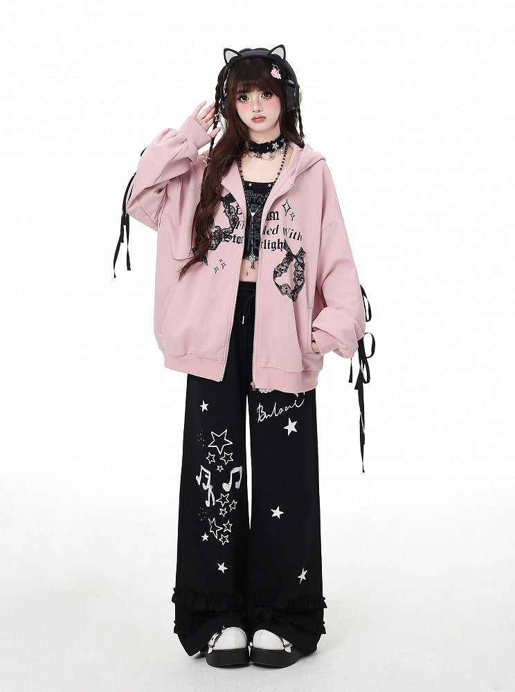 Pink Lace Embellished Zip Closure Graphic Hoodie 