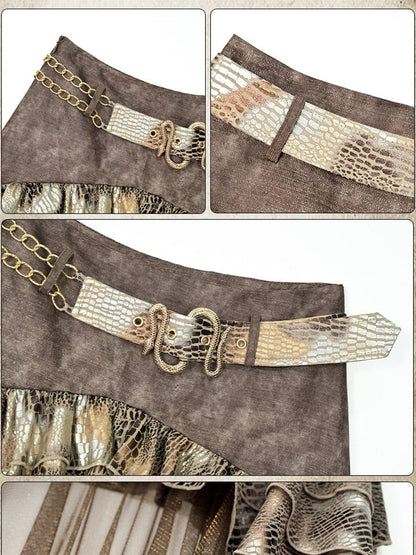 High-low Punk Brown Skirt Snakeskin Design Tiered Pattern Wasteland
