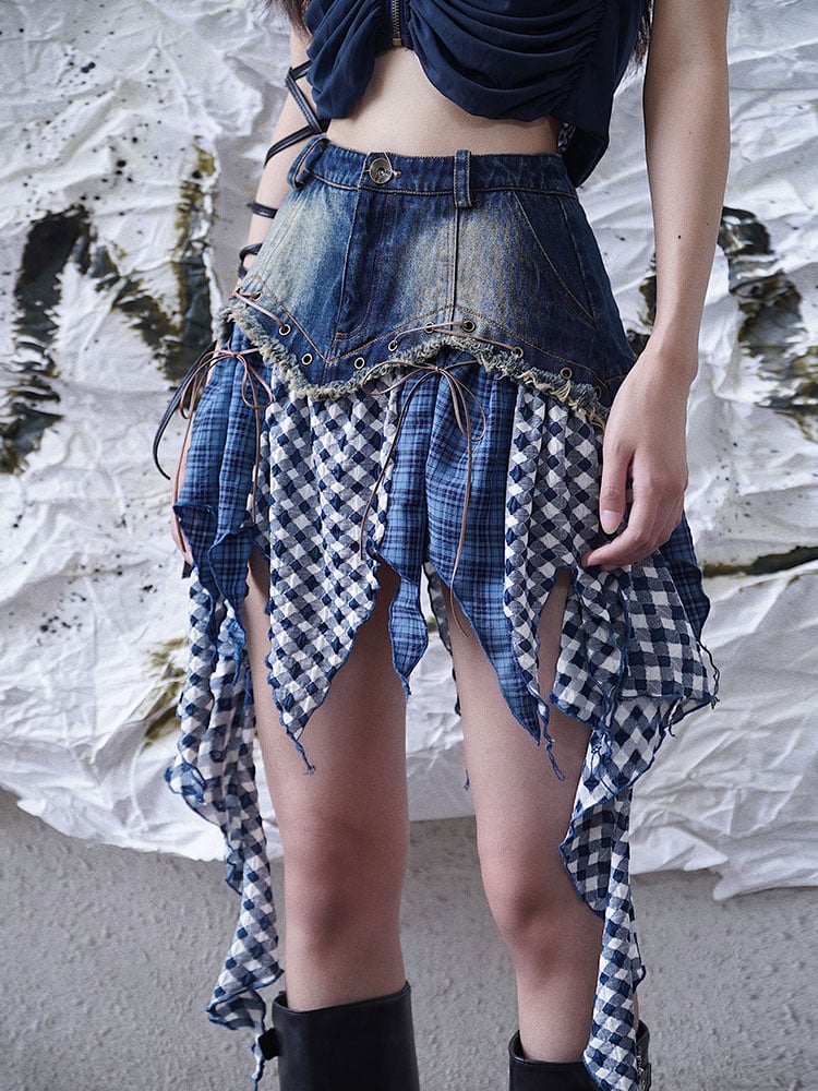 Punk Denim Patchwork Skirt with Lace-Up  Plaid Asymmetrical Hem Blue