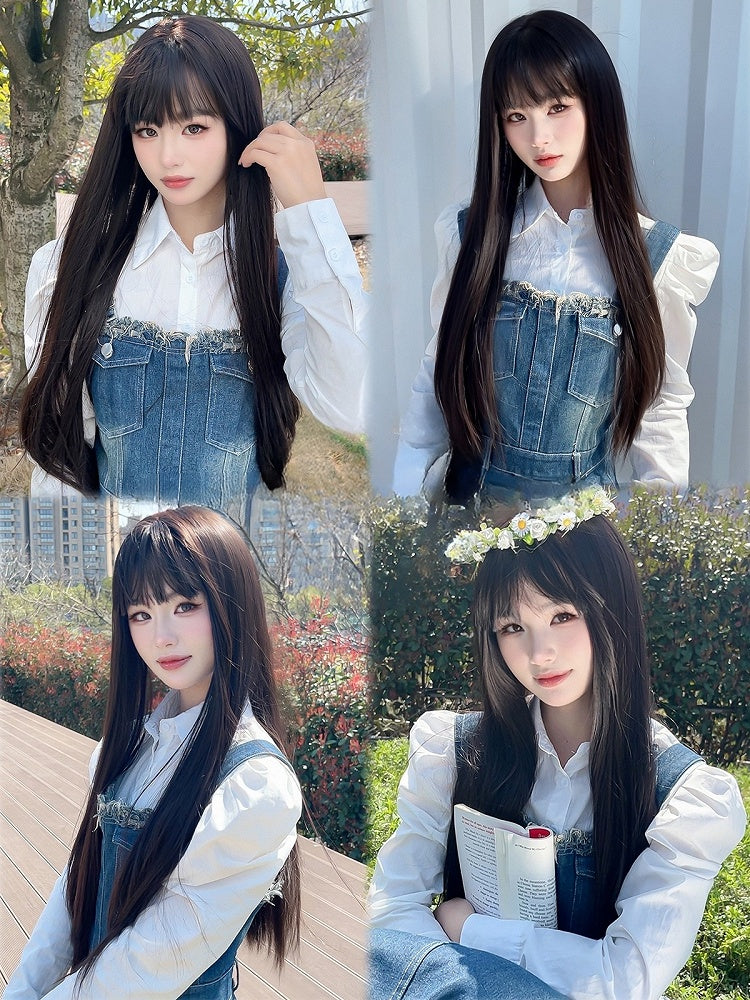 Straight Tea Bangs Black With Wig 75CM Length Air