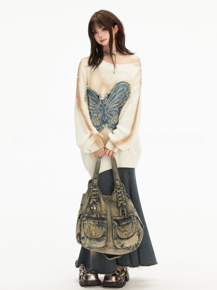 Wasteland Punk Butterfly Applique Apricot Asymmetrical Neckline Sweater