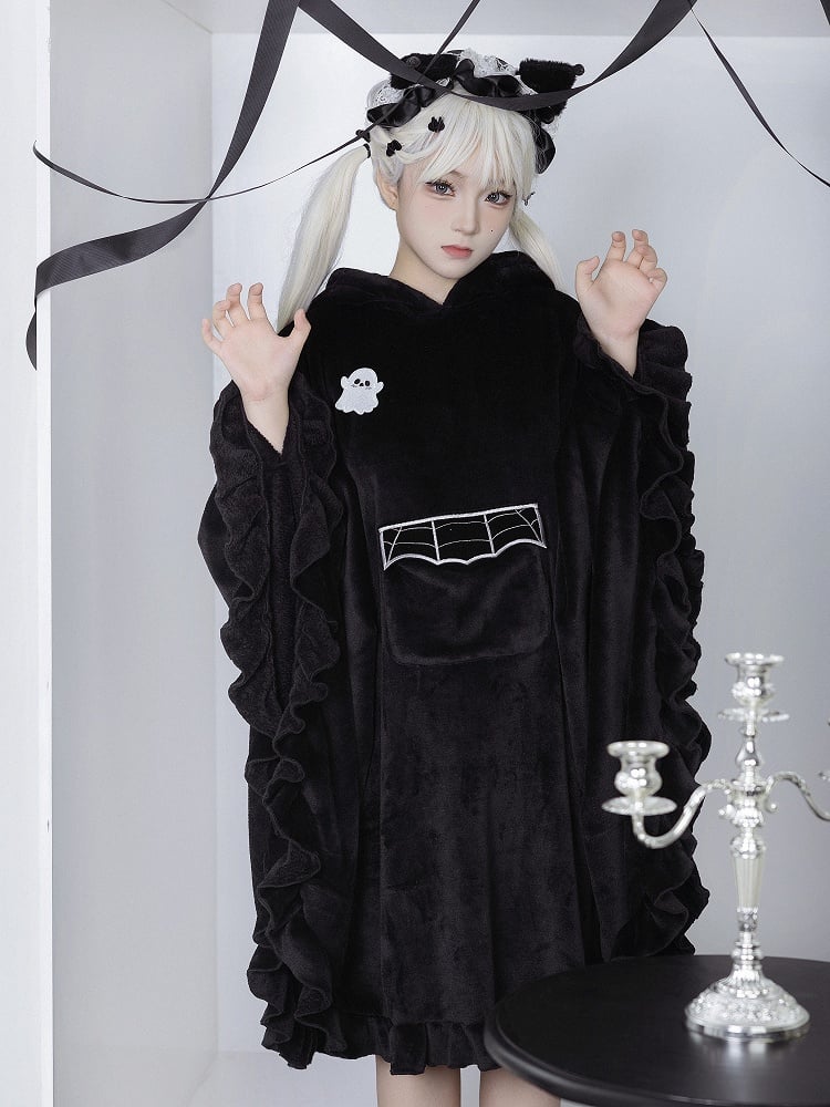 Black Little Ghost Cloak + Spider Web Embroidery Collar