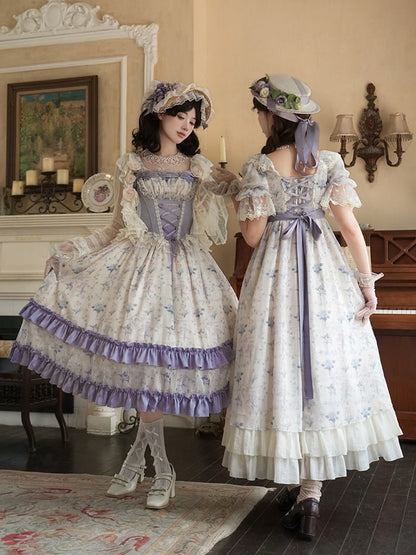 One Waist Print Iris Dress Lolita Piece Square Elegant Empire Floral Neckline