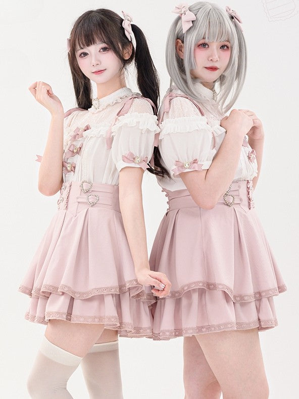 Bowknot Short Jirai Rhinestone Shirt Pleating Pink Details Sleeves Decorated Kei Heart