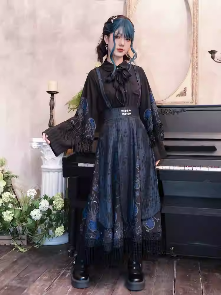 Style Skirt Overalls Straps Print Detachable Blue Jellyfish Black Tassel Hem with Cheongsam