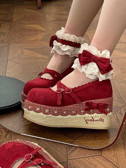 Lolita Strap at Closures - Trimmed Red Platforms Lace Ankle Strawberry Sweet Velcro