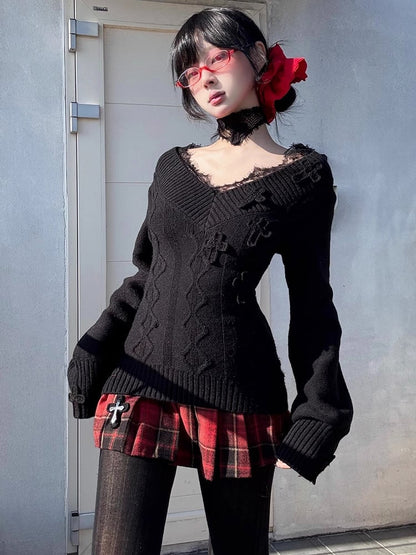 Gothic Red Cross Charms Plaid Woolen Pleated Mini Skirt