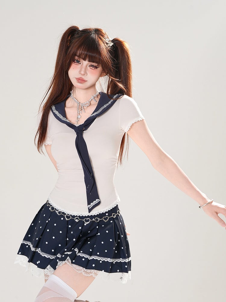 + T-Shirt-Set Plissee Matrosenmuster Polka Dot Abnehmbarer blauer Rock Marine Aprikose Eng anliegender Kragen