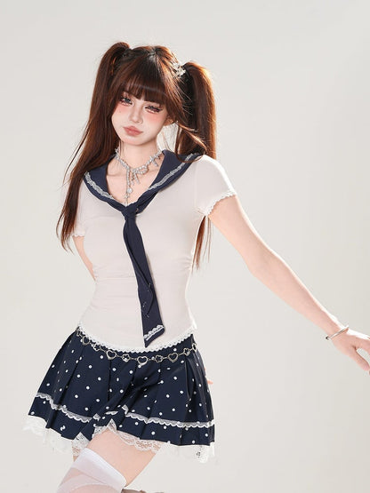+ T-Shirt-Set Plissee Matrosenmuster Polka Dot Abnehmbarer blauer Rock Marine Aprikose Eng anliegender Kragen