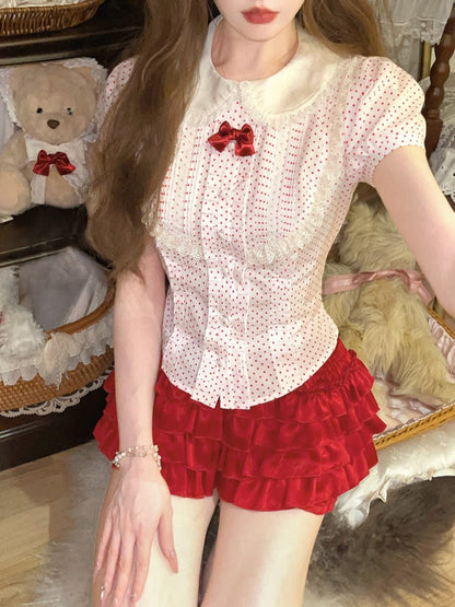 Polka mit Baumwolle Rote Bluse Punkt Akzente Weiß Dollcore