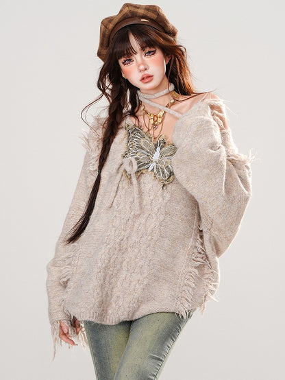 Khaki Denim Butterfly Applique Raw Edge Halter Neck Loose Sweater