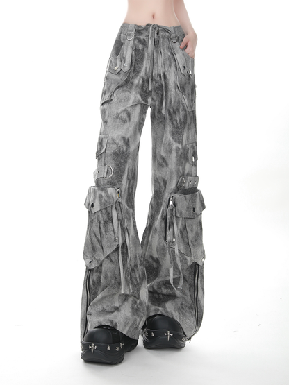 Gray/Green Faded Vintage Dark Wash Wide-Leg Cargo Jeans with Zippered Cuffs