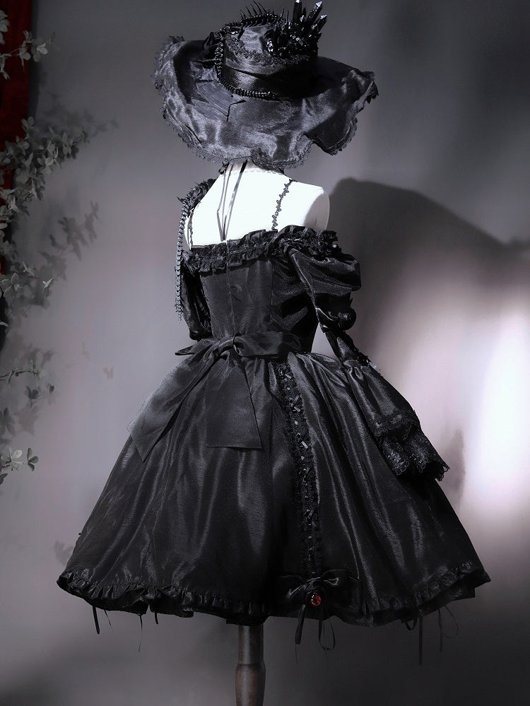 Kuro Drawstring Dress Bell Sleeves Skirt Gothic Black Bowknot Lolita Details and Layered