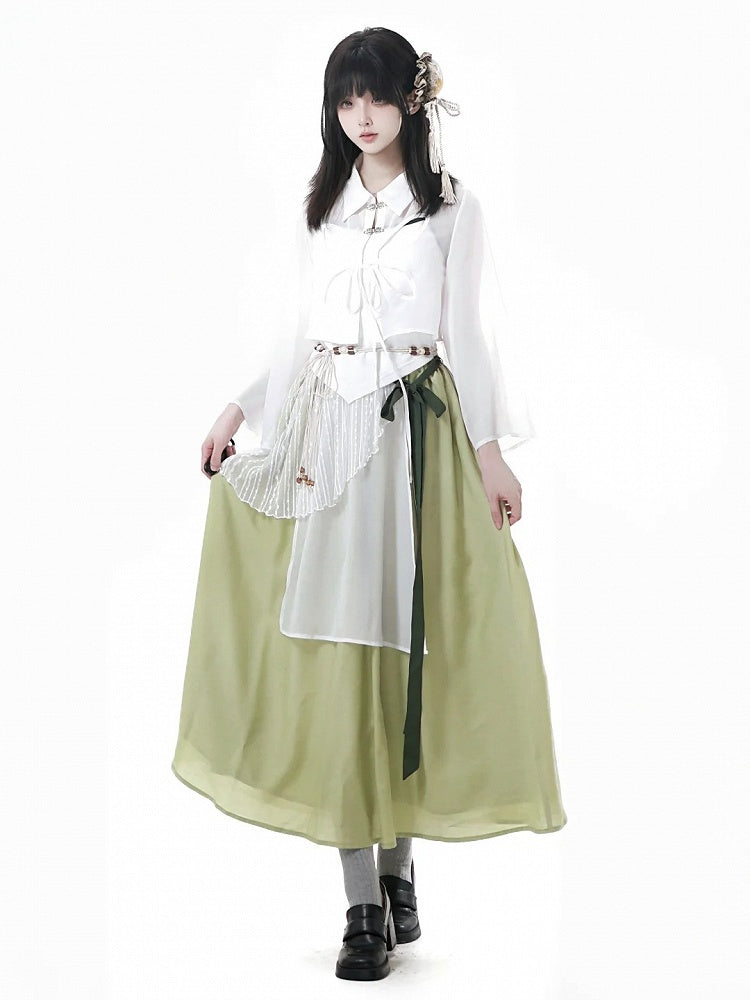 Buttons Style Shirt Cheongsam Butterfly-shaped Cutout White Sheer Chiffon Knot Short Version