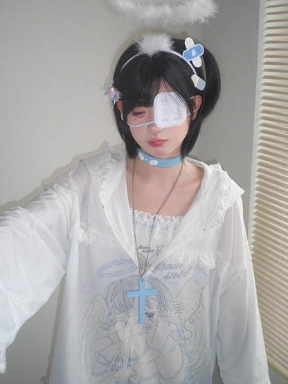 Sonnenschutz mit Kapuze, blau-weiß, Anime-Mädchen-Print, gekräuselter Saum, Jacke, Spitze