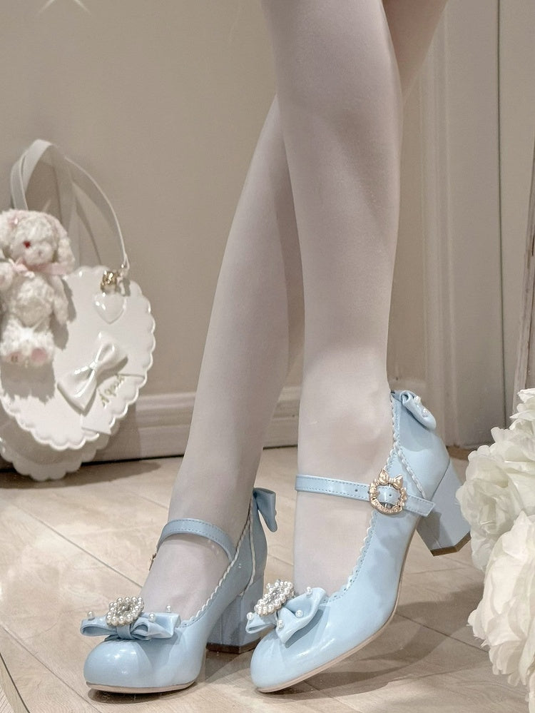 Round Mary Toe Decorated Lolita Rhinestone And Details Bowknot Janes Beaded Blue Shoes
