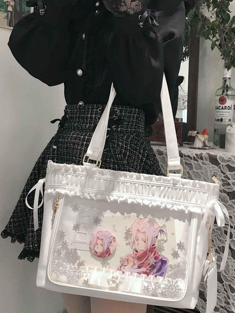 Ruffled Trim Ita Bag Ribbon Bow Large White Capacity Tote