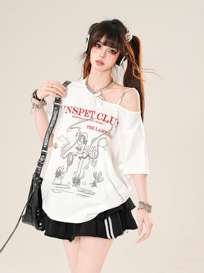 White Asymmetrical Neckline Loose Graphic T-Shirt