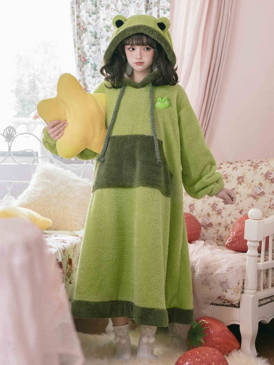 Green Frog Hooded Fleece Pajama Lounge Wear