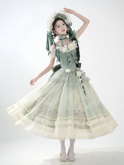 Decoration Set Jasmine Print Top Green Skirt Lolita Corset Classic Long Floral +