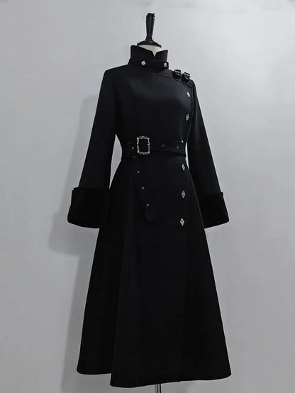 Black Ouji Lolita Stand Collar High Neck Woolen Coat