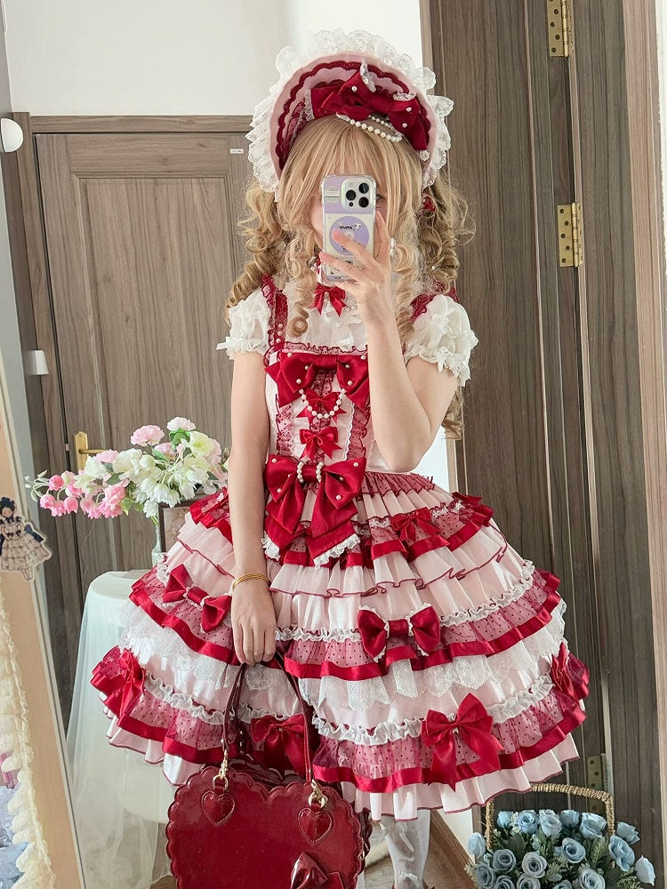 Robe Lolita Old School rose et rouge avec jupe à volants superposés et nœuds papillon