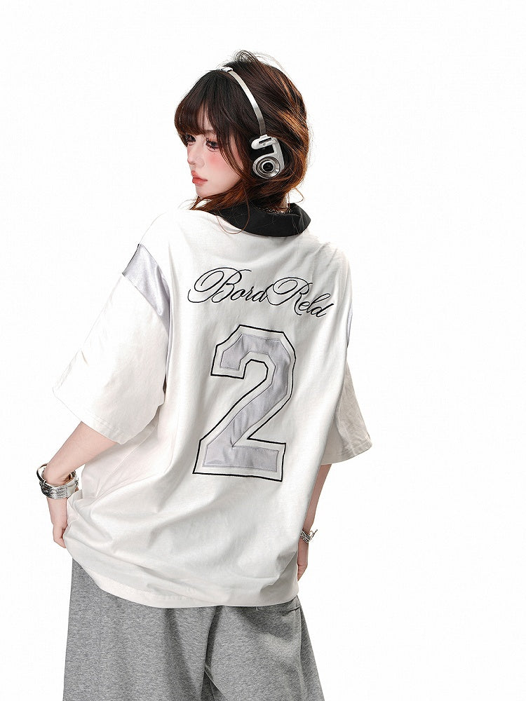 Black/White Polo Collar Preppy Style Sports T-Shirt