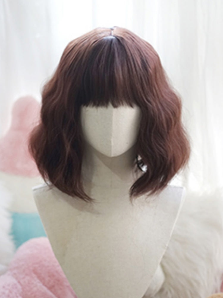 Dark Brown Shoulder Length Wavy Wig With Full Bangs