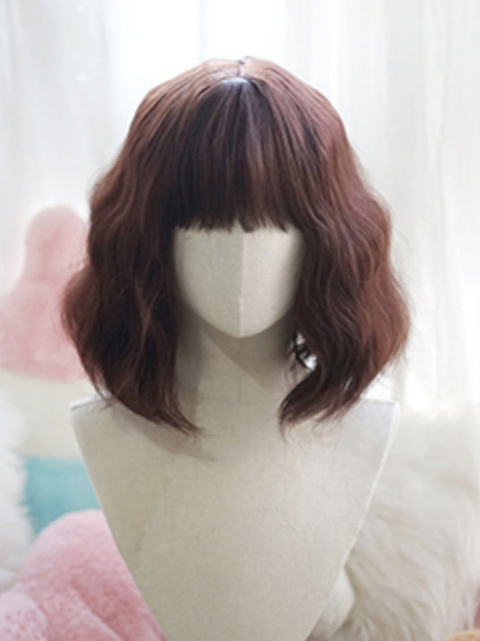 Dark Brown Shoulder Length Wavy Wig With Full Bangs