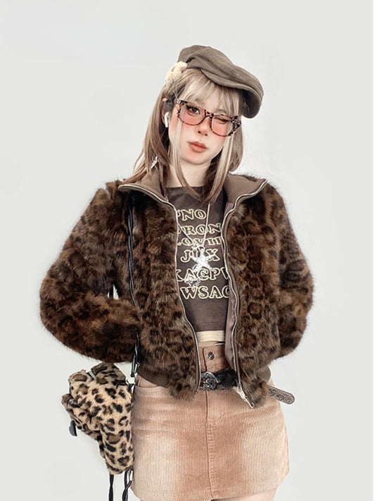 Gyaru Coffee Leopard Plush Jacket