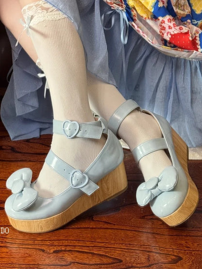 Heart Shoes Sweet Blue Buckles Top at - Bow Lolita Platform Baby
